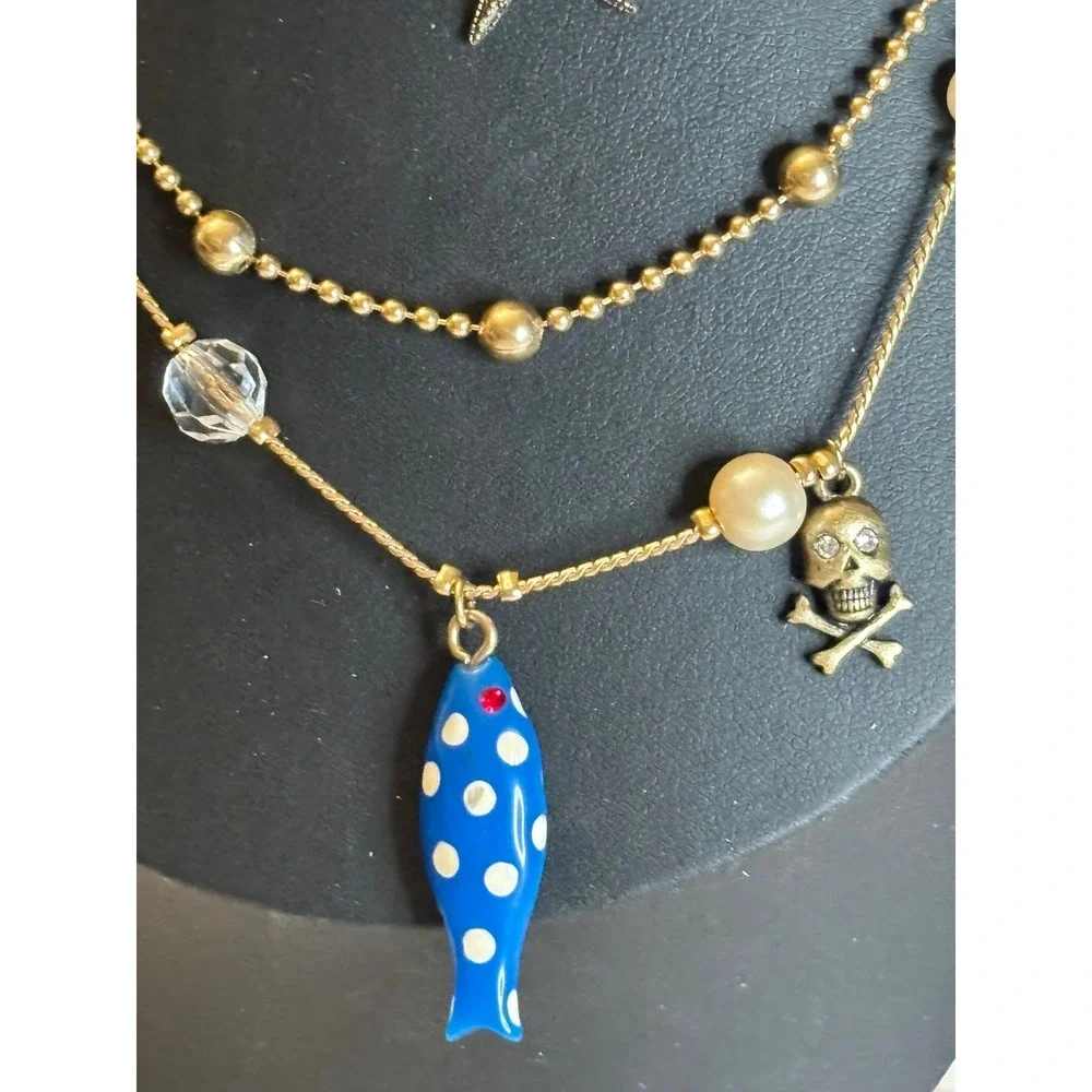 Betsey Johnson Nautical Necklace Vintage Multi Strand Crab Starfish Skull 19